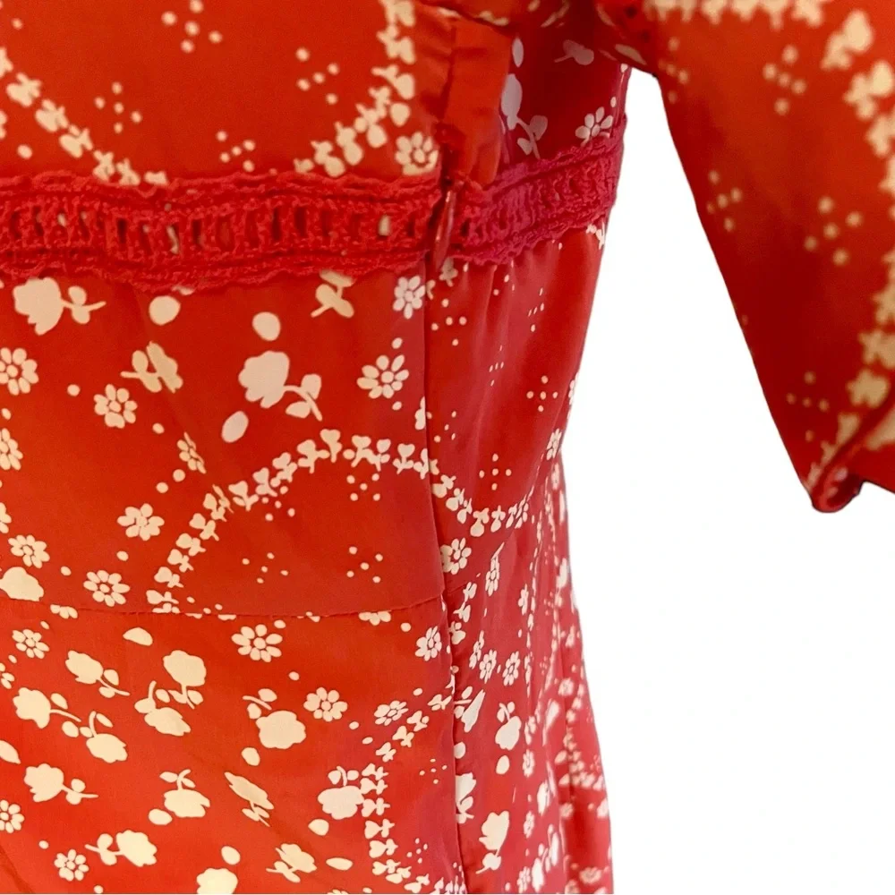 FREE PEOPLE Coral Geo Garden Shift Dress Size 6 Ruffle Sleeve Boho Floral Pink